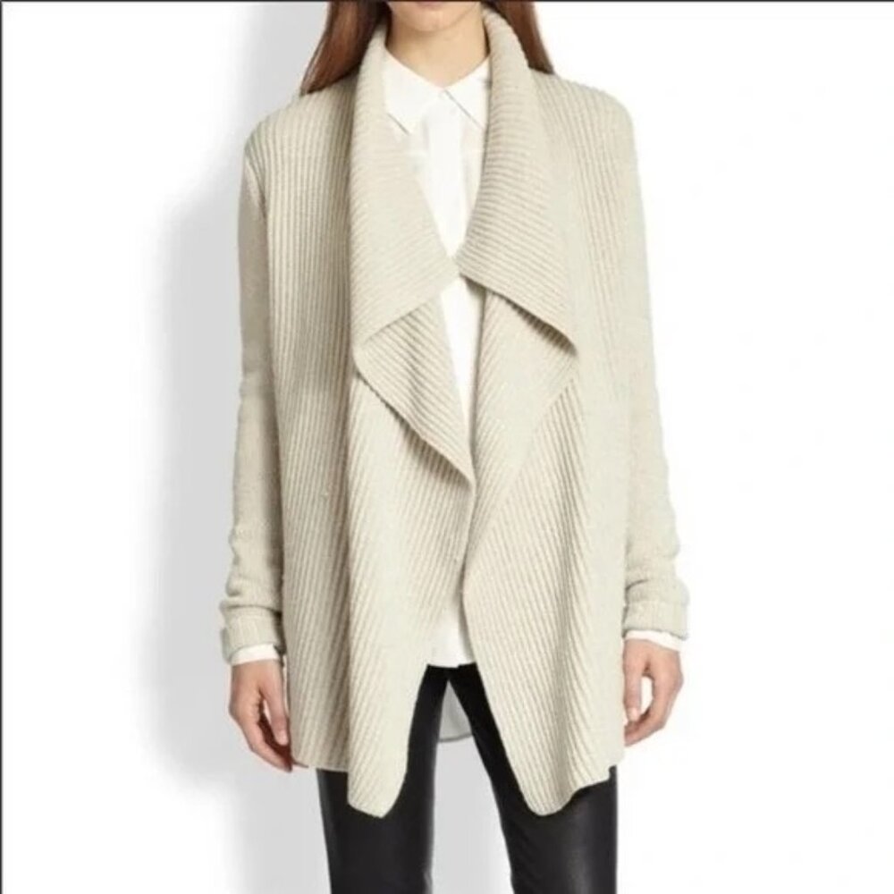 Vince Natural Ivory Ribbed Yak Wool Draped Open Cardigan Neutral Cozy
